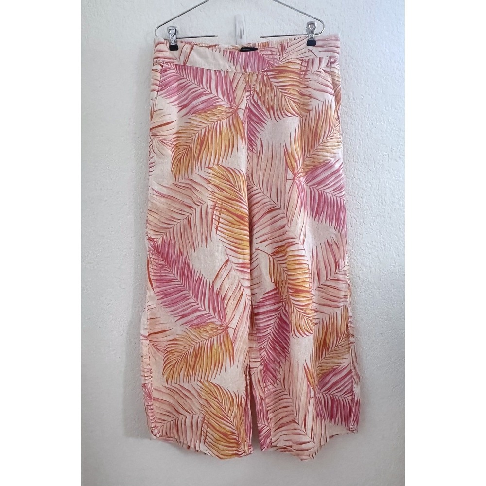 Tahari Pants Summer Beachy Casual Leaf‎ Print Linen Wide Leg Palazzo Womens XL